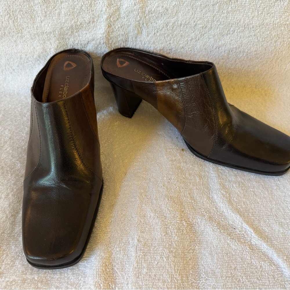 Liz Claiborne Brown Leather Mules with Chunky Heel